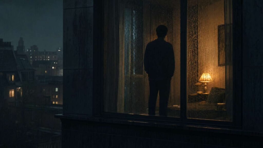 Silhueta de um homem de costas olhando pela janela cheia de chuva à noite, iluminado por uma lâmpada interna — metáfora visual da obsessão e da espera por sinais em "Losing My Religion".
