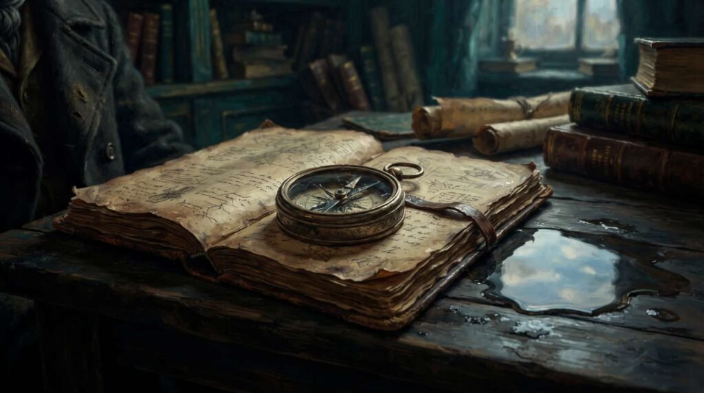 Bússola com agulha quebrada sobre um caderno gasto, com um pedaço de céu refletido em uma poça, simbolizando a confusão interna da letra.
