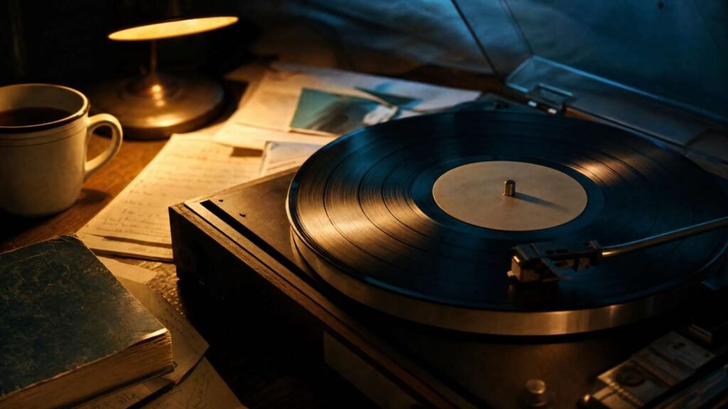 Toca-discos vintage com vinil girando, iluminado por luz âmbar quente, ao lado de uma xícara de café e anotações manuscritas — evocando a experiência analógica de ouvir "Out of Time" do R.E.M.