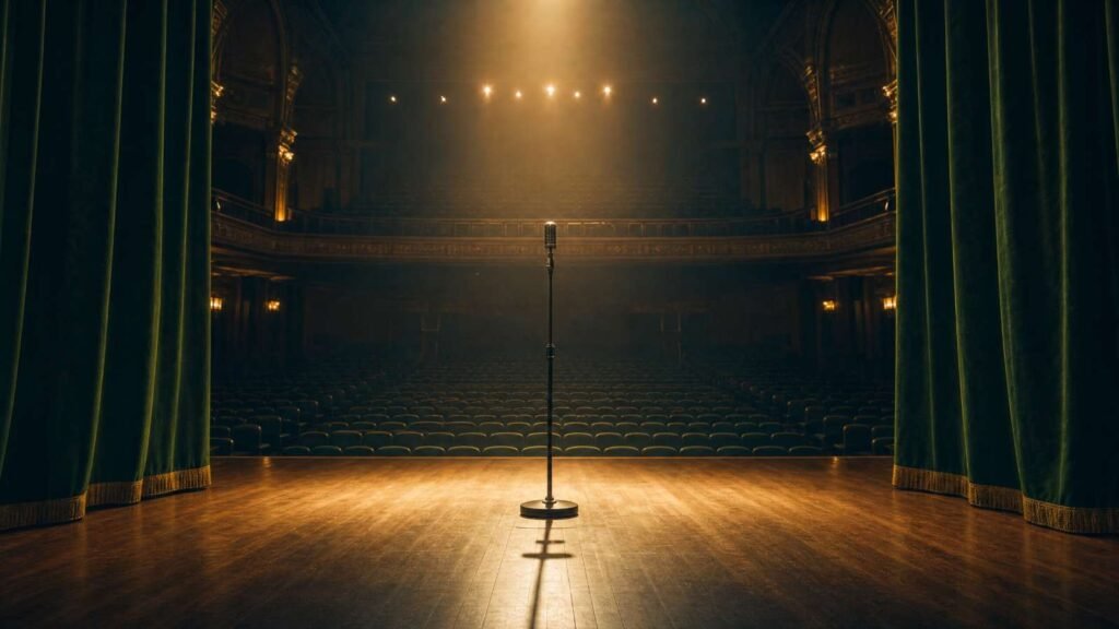 Palco vazio de um teatro clássico com cortinas verde-oliva, um único microfone vintage no centro iluminado por holofote dourado — simbolizando o legado histórico de "Losing My Religion" no Grammy e na MTV.