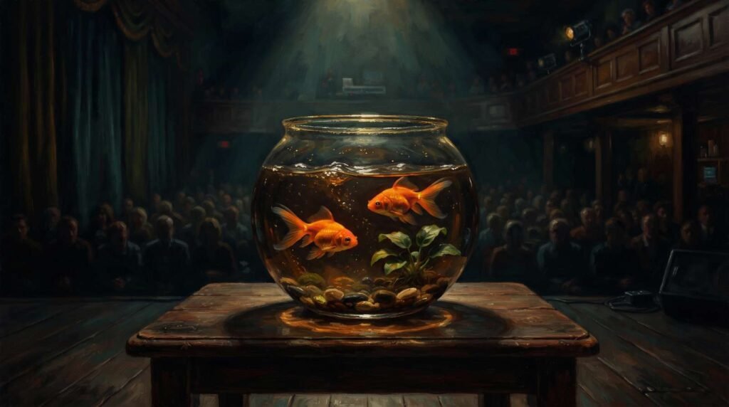 Dois peixes dourados nadando em círculos dentro de um aquário sob holofotes de palco, com silhuetas de plateia ao fundo, representando a fama como prisão visível.