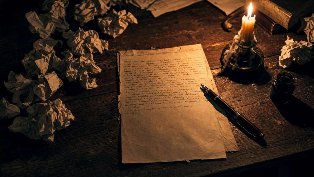 Mesa de madeira rústica à luz de vela com uma carta manuscrita parcialmente escrita, caneta tinteiro ao lado e papéis amassados ao redor — simbolizando o Ato III de "Losing My Religion": as confissões calculadas e os amores não declarados.