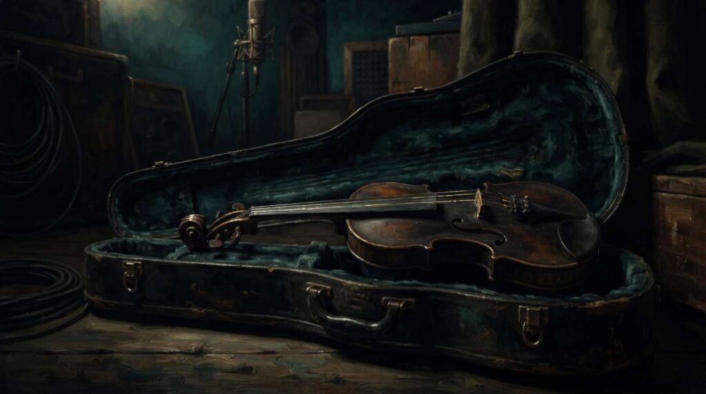 Violino antigo dentro de um estojo aveludado, quase engolido pela sombra de um canto do estúdio de gravação, simbolizando a participação quase inaudível de Grappelli.