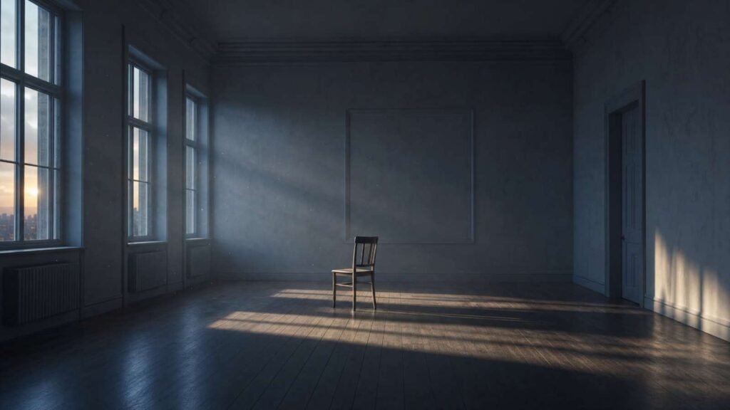 Sala completamente vazia ao entardecer com uma única cadeira de madeira no centro, luz natural entrando por janelas altas e criando sombras retangulares no chão — metáfora da solidão e do amor que nunca foi declarado em "Losing My Religion".