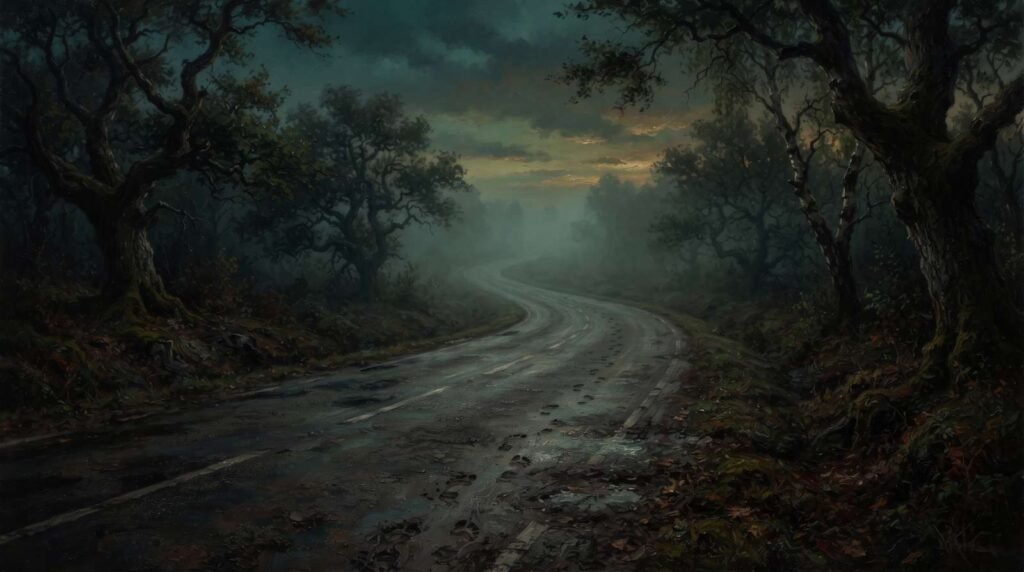 Estrada vazia ao entardecer desaparecendo na neblina, com dois rastros de pegadas lado a lado, simbolizando a companhia que parece ter desaparecido.