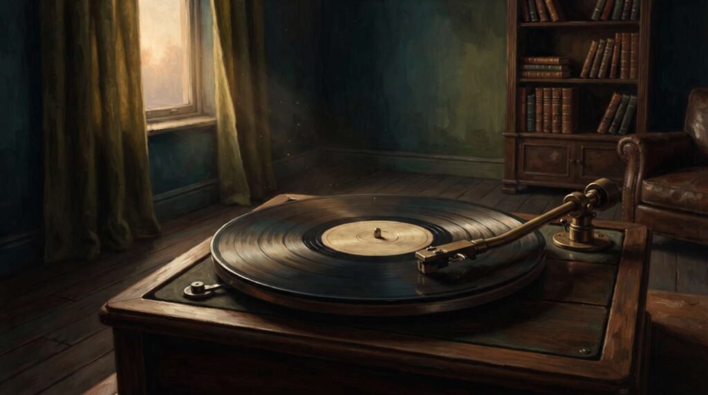 Disco de vinil girando sozinho em uma sala vazia ao amanhecer, com luz dourada entrando por uma cortina entreaberta, simbolizando o legado atemporal da canção.
