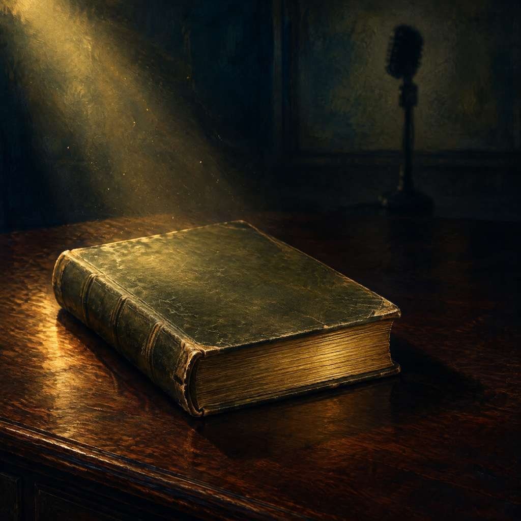 Significado Losing My Religion: Livro vintage de capa de couro iluminado por um holofote sobre uma mesa de madeira escura, representando a biografia do R.E.M.