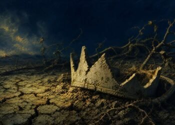 Coroa de pedra antiga semi-enterrada em terra rachada, simbolizando a queda de grandes civilizações e a falha da liderança.