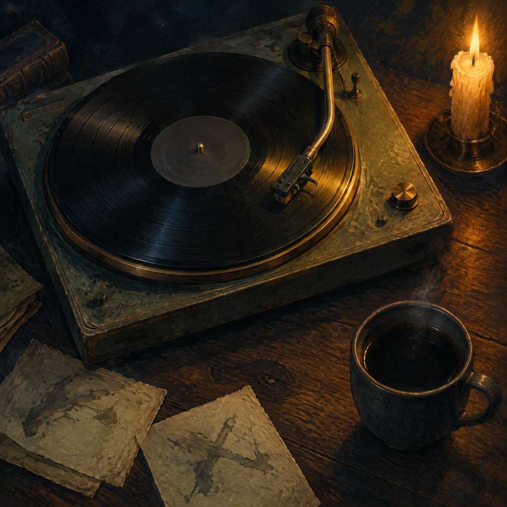 Significado Losing My Religion: Toca-discos vintage iluminado por velas tocando o disco de vinil Out of Time do R.E.M. sobre uma mesa de madeira rústica.