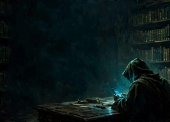 Figura anônima iluminada pela tela de um celular em uma biblioteca escura