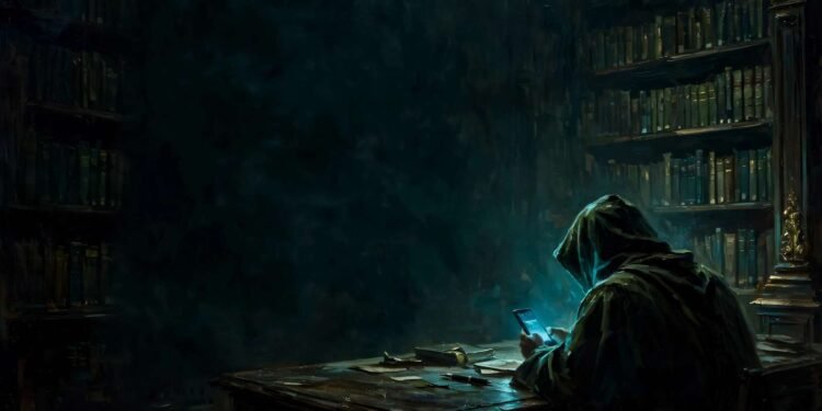 Figura anônima iluminada pela tela de um celular em uma biblioteca escura