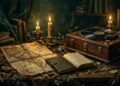 Mesa de estudo à luz de vela com mapa antigo, caderno e toca-discos de vinil fechado