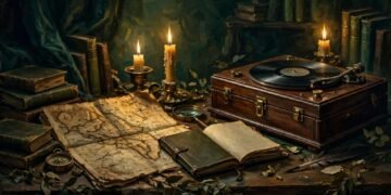 Mesa de estudo à luz de vela com mapa antigo, caderno e toca-discos de vinil fechado