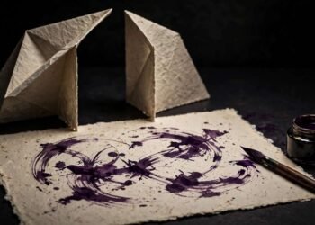 Natureza-morta de papel, tinta roxa e pinceladas de caligrafia sobre fundo escuro