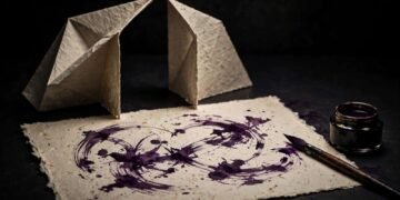 Natureza-morta de papel, tinta roxa e pinceladas de caligrafia sobre fundo escuro
