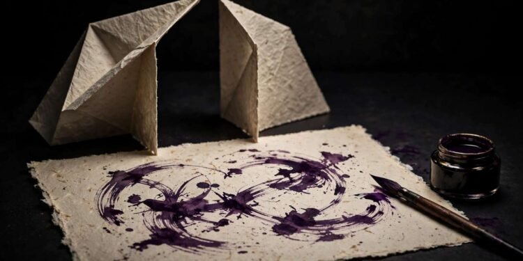 Natureza-morta de papel, tinta roxa e pinceladas de caligrafia sobre fundo escuro