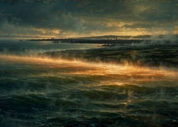 Oceano Pacífico ao amanhecer com uma faixa de água mais quente na superfície e, ao longe, a silhueta de uma cidade costeira e de campos