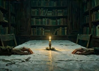Pintura a óleo de uma mesa de jantar escura com cadeiras vazias, um garfo caído e duas mãos em lados opostos da toalha, separadas por uma vela.