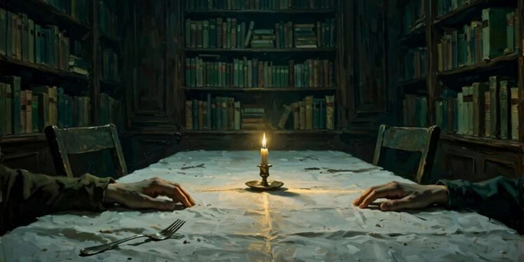 Pintura a óleo de uma mesa de jantar escura com cadeiras vazias, um garfo caído e duas mãos em lados opostos da toalha, separadas por uma vela.
