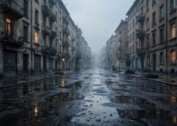 Rua urbana vazia ao amanhecer, com janelas acesas em prédios residenciais e asfalto molhado