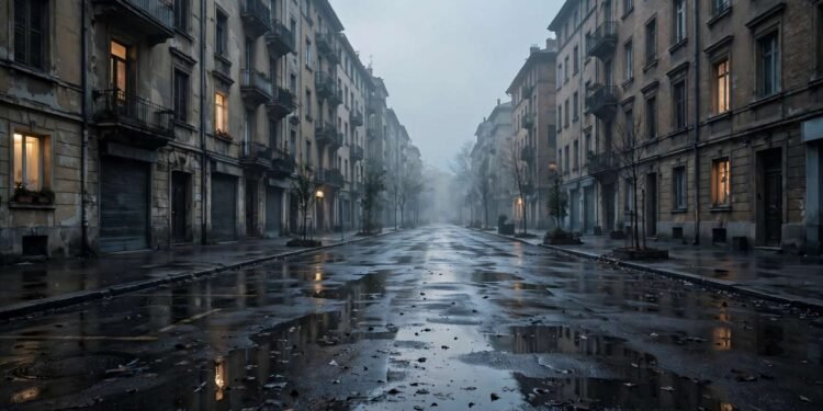 Rua urbana vazia ao amanhecer, com janelas acesas em prédios residenciais e asfalto molhado