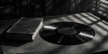 Disco de vinil escuro sobre uma mesa de arquivo, com um exemplar antigo de livro ao lado, em preto e branco