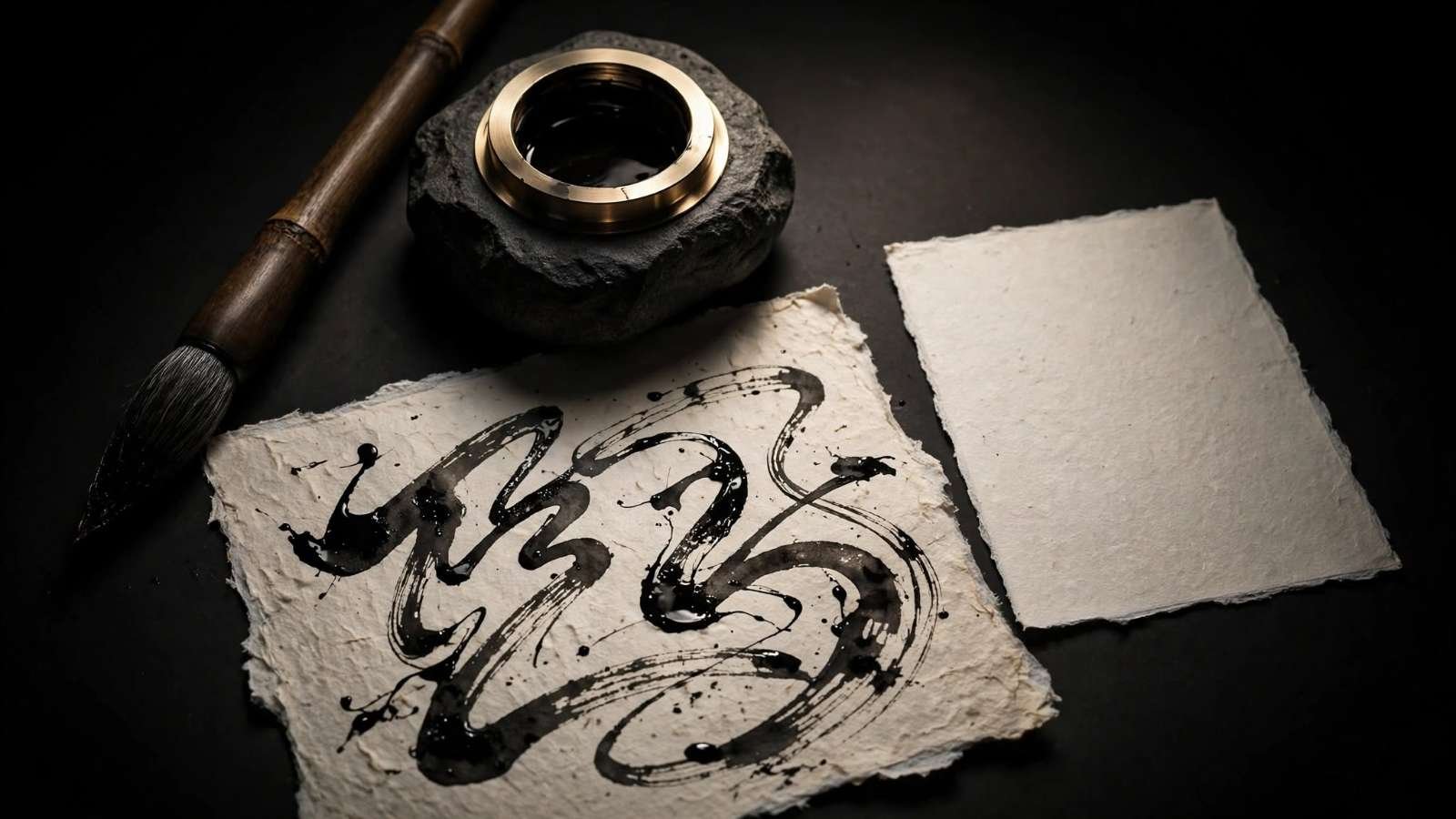 Pincel e tinta sobre papel com caligrafia coreana, imagem sobre o BTS significado