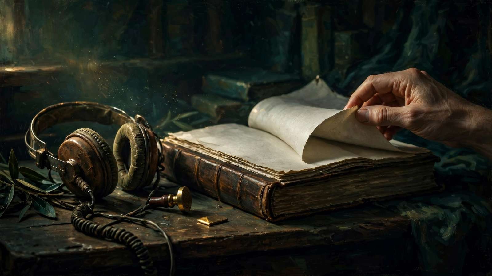 Mão virando páginas de um livro de história ao lado de um fone antigo, em busca do iron maiden significado
