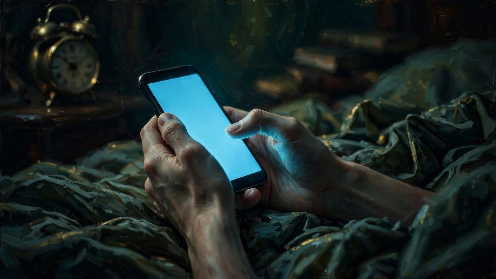 Economia da atenção representada por mãos segurando um celular aceso em um quarto escuro durante a madrugada