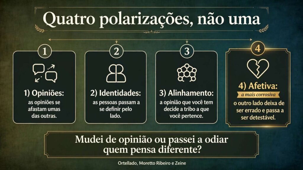 Infográfico com quatro blocos em sequência: opiniões, identidades, alinhamento e polarização afetiva, esta última em destaque na polarização política.