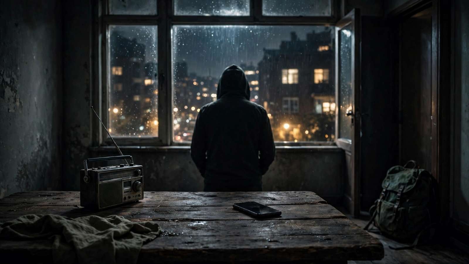 Esperança e medo Janela iluminada à noite vista de dentro de um apartamento, com rádio e celular sobre a mesa, ilustrando o que é cessar fogo para quem espera a notícia