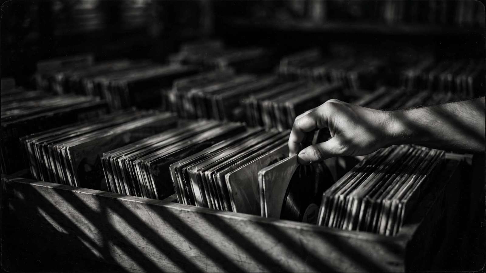 Mão folheando discos de vinil em uma loja, ilustrando a busca por joy division origem do nome antes de conhecer o significado da banda
