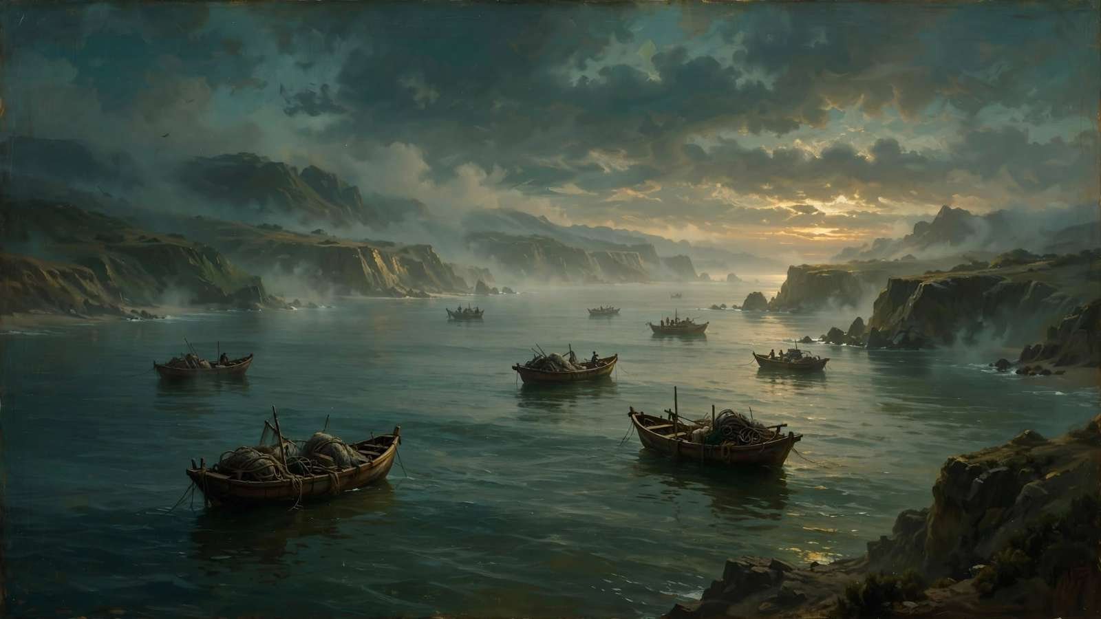 Pescadores artesanais em barcos de madeira na costa do Peru ao amanhecer, onde nasceu o nome do fenômeno El Niño
