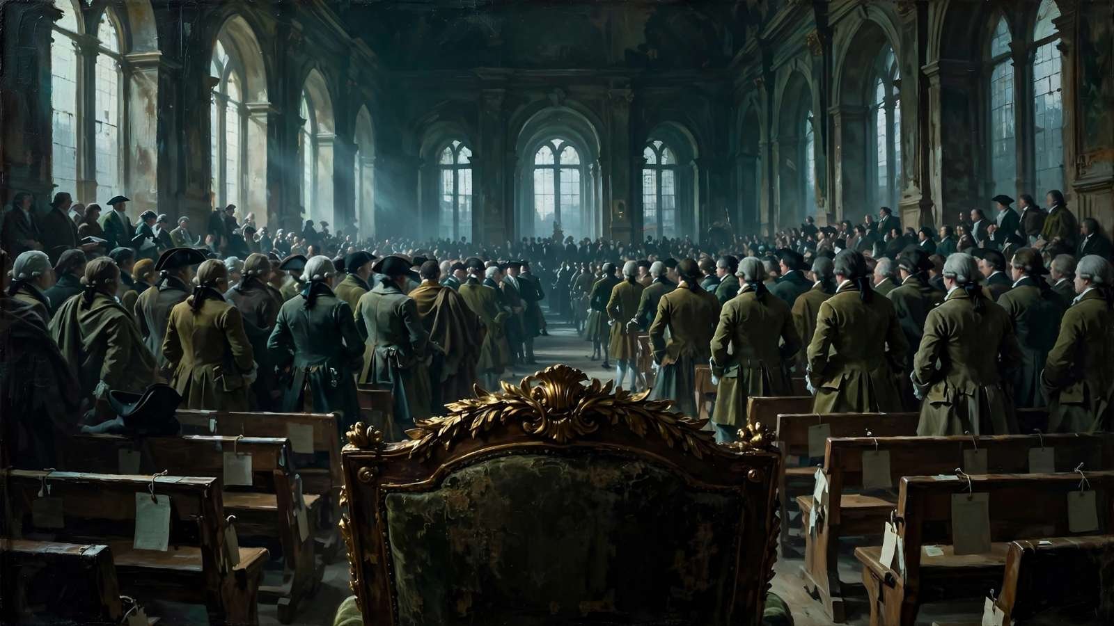 Pintura a óleo do interior de uma assembleia francesa de 1789, com deputados agrupados de forma irregular à esquerda e à direita de um corredor central.
