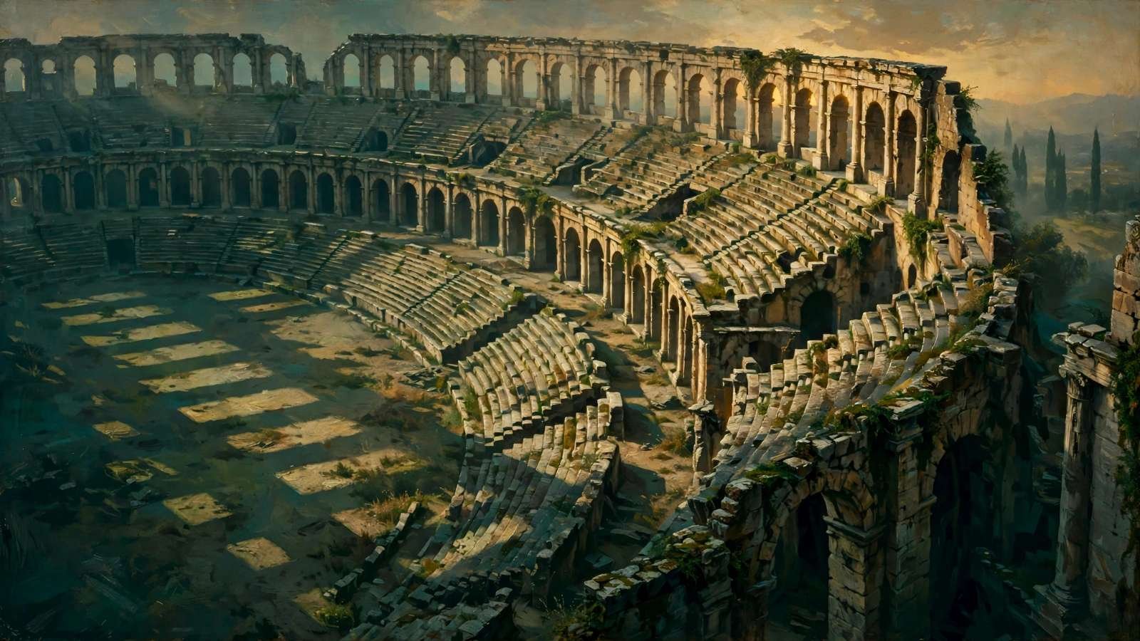Anfiteatro romano de pedra observado ao entardecer, com arquibancadas vazias e sombras alongadas