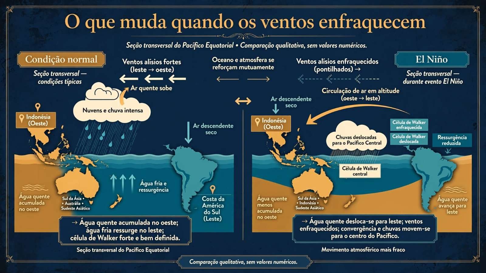 Diagrama com dois cortes do Pacífico equatorial lado a lado, condição normal e El Niño, mostrando ventos alísios, água quente, subida de água fria e deslocamento das nuvens de chuva