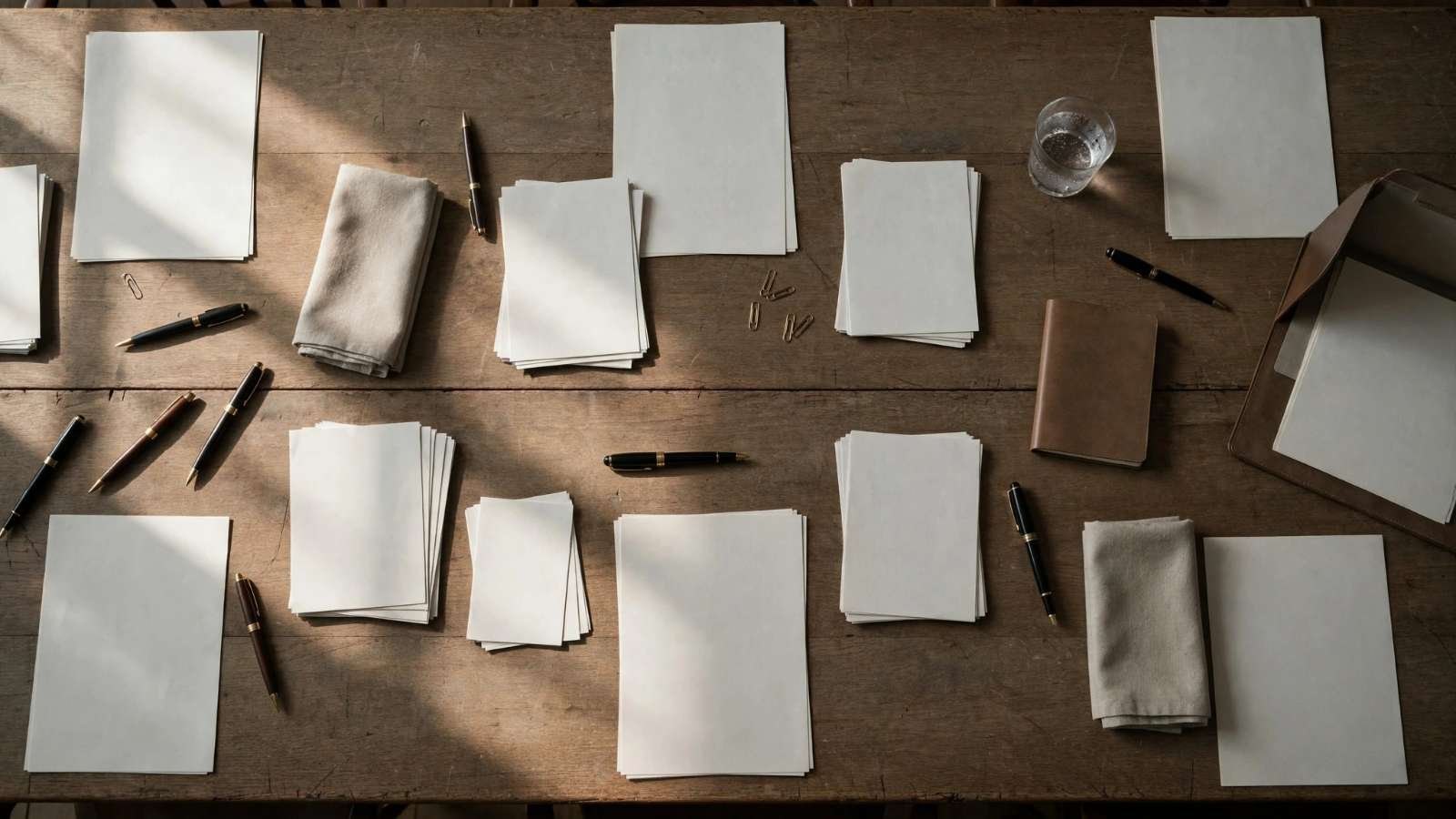 O acordo no papel Mesa de negociação vista de cima, com documentos em branco e canetas, sem pessoas nem bandeiras