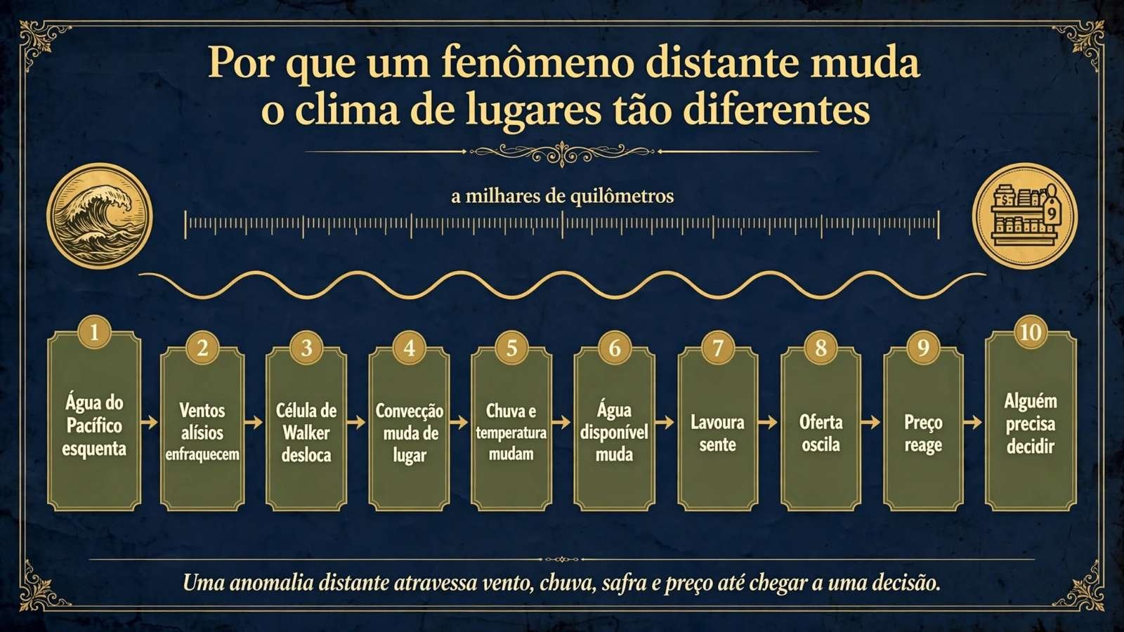 Diagrama em fluxo com dez etapas, da água quente do Pacífico ao preço e à decisão, atravessando ventos, chuva, água disponível, lavoura e oferta