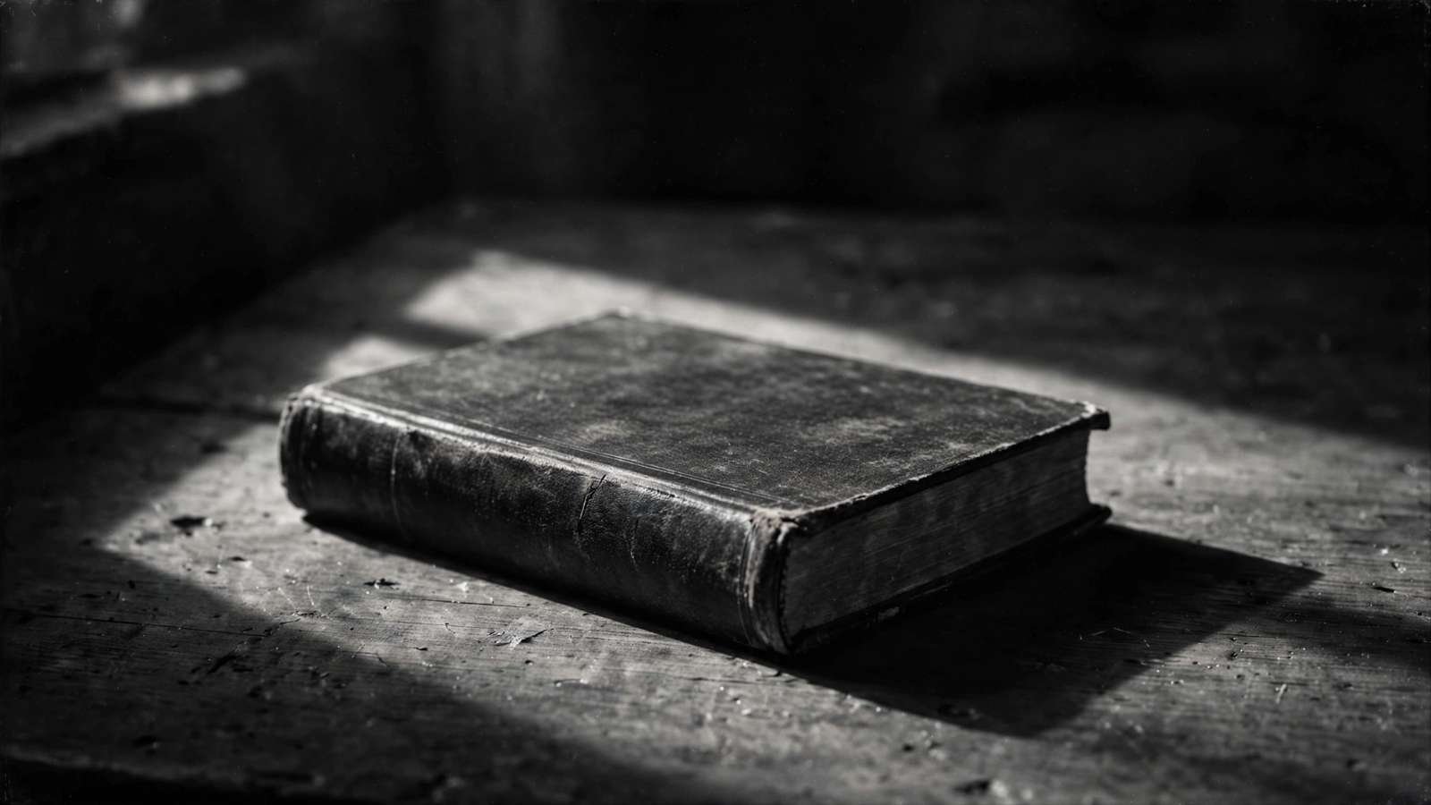 Livro antigo de capa dura sobre uma mesa, iluminado de lado, sem título legível