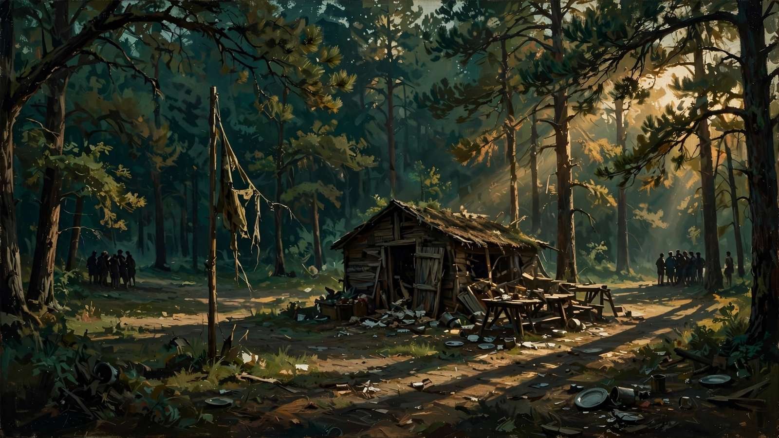Pintura a óleo de um acampamento americano dos anos 1950, com dois grupos de meninos em silhueta em lados opostos de uma clareira, uma bandeira rasgada e uma cabana revirada.