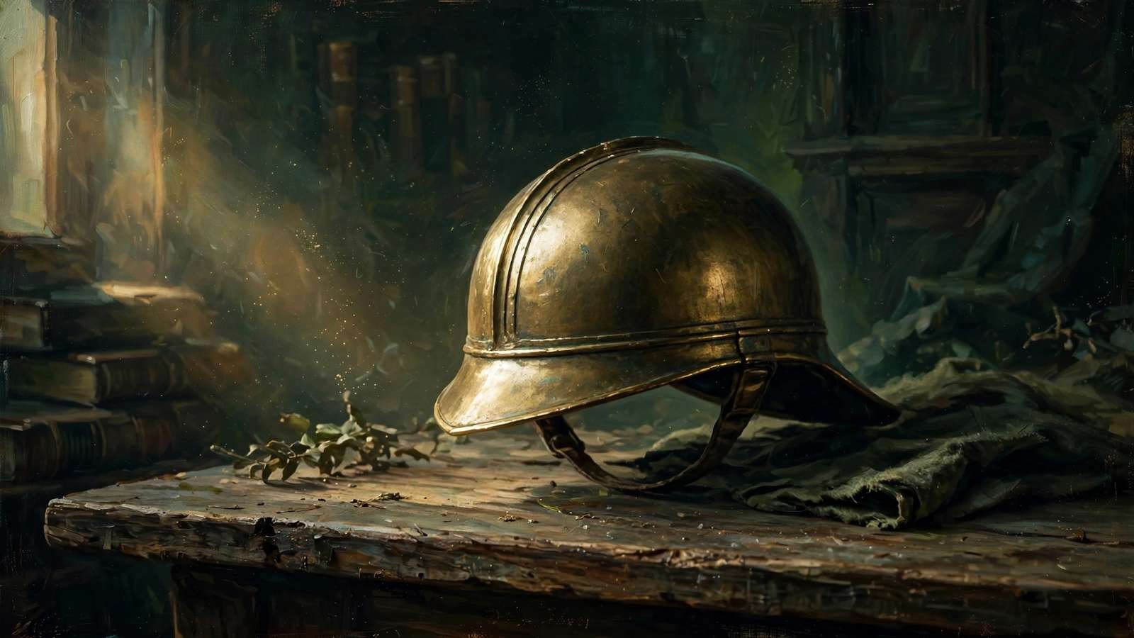 Capacete de cavalaria do século XIX sobre mesa de madeira sob luz rasante