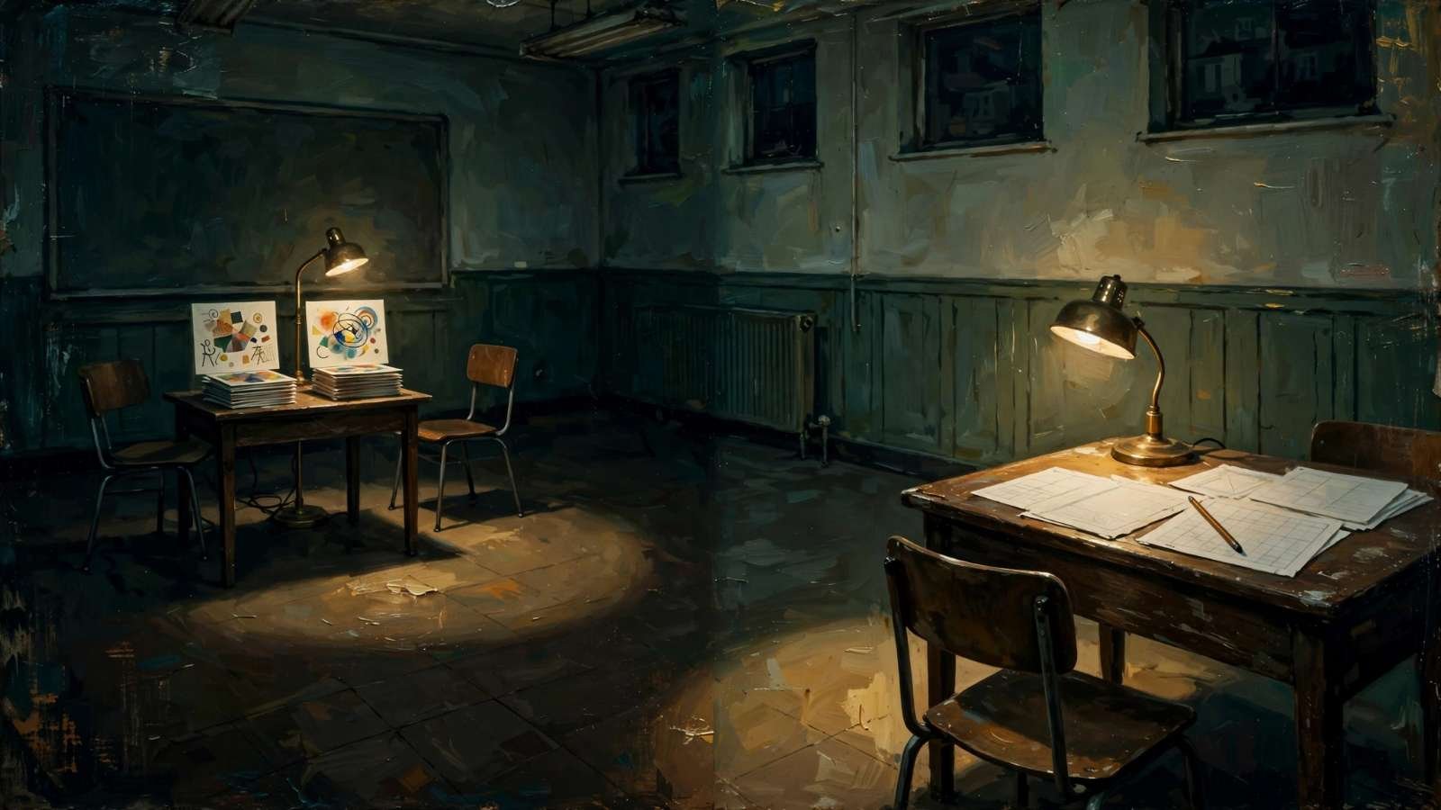 Pintura a óleo de uma sala de aula vazia dos anos 1970 com duas pilhas de cartões com pinturas abstratas, folhas de pontuação em branco e duas poças de luz no chão.
