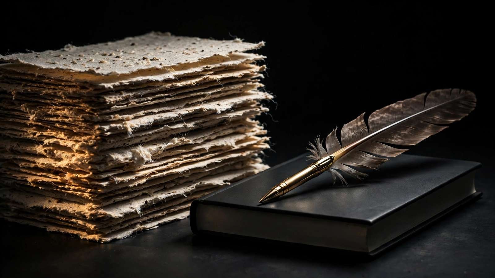 Papel artesanal e livro fechado de capa neutra sob luz lateral