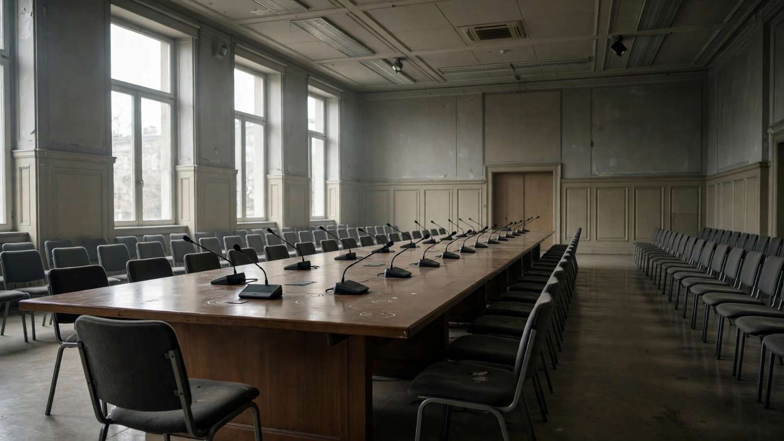 Autoridade e seus limites Sala de reuniões institucional vazia, com mesa longa, cadeiras e microfones, sem bandeiras nem identificação de delegações