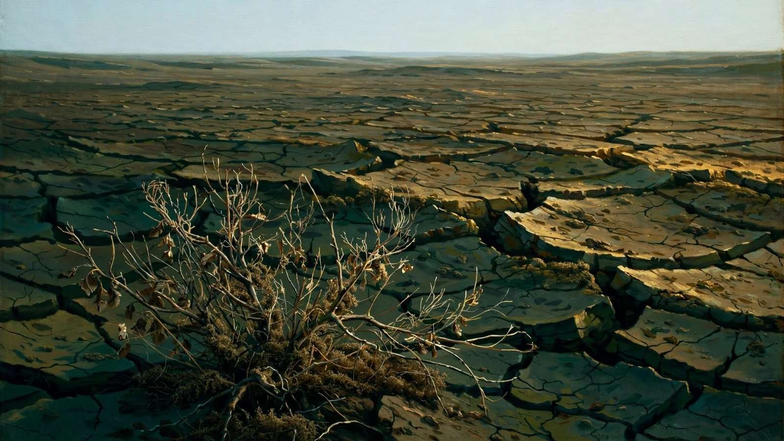 Paisagem de solo rachado sob céu claro, evocando seca em regiões afetadas pelo El Niño