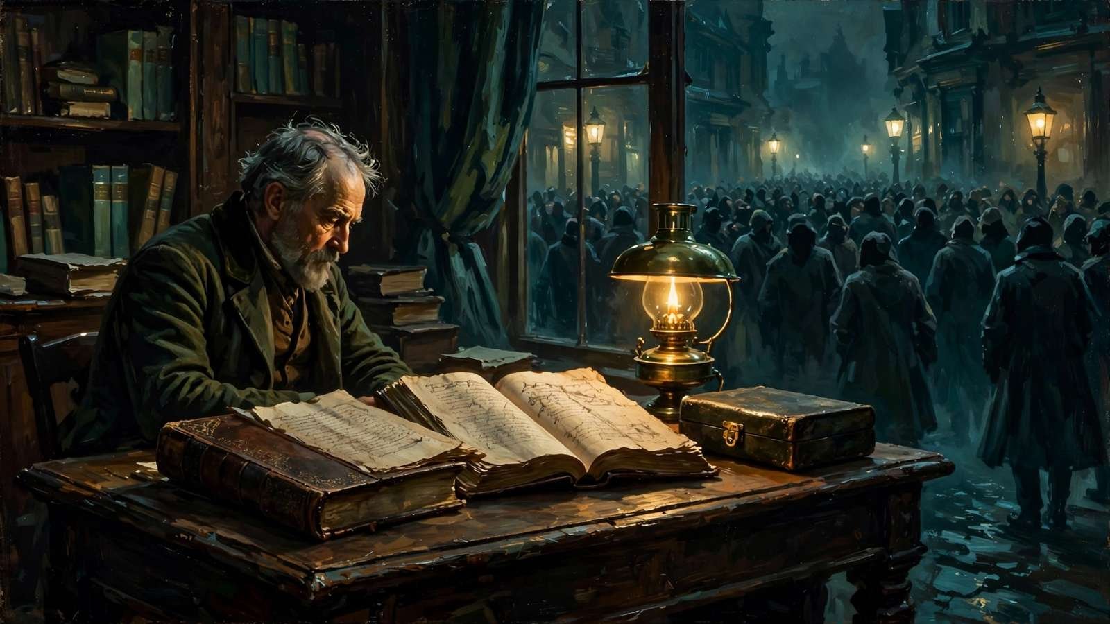 Pintura a óleo de um gabinete do século XIX com dois livros abertos sobre uma escrivaninha e, na janela, uma multidão sem rosto sob lampiões a gás.