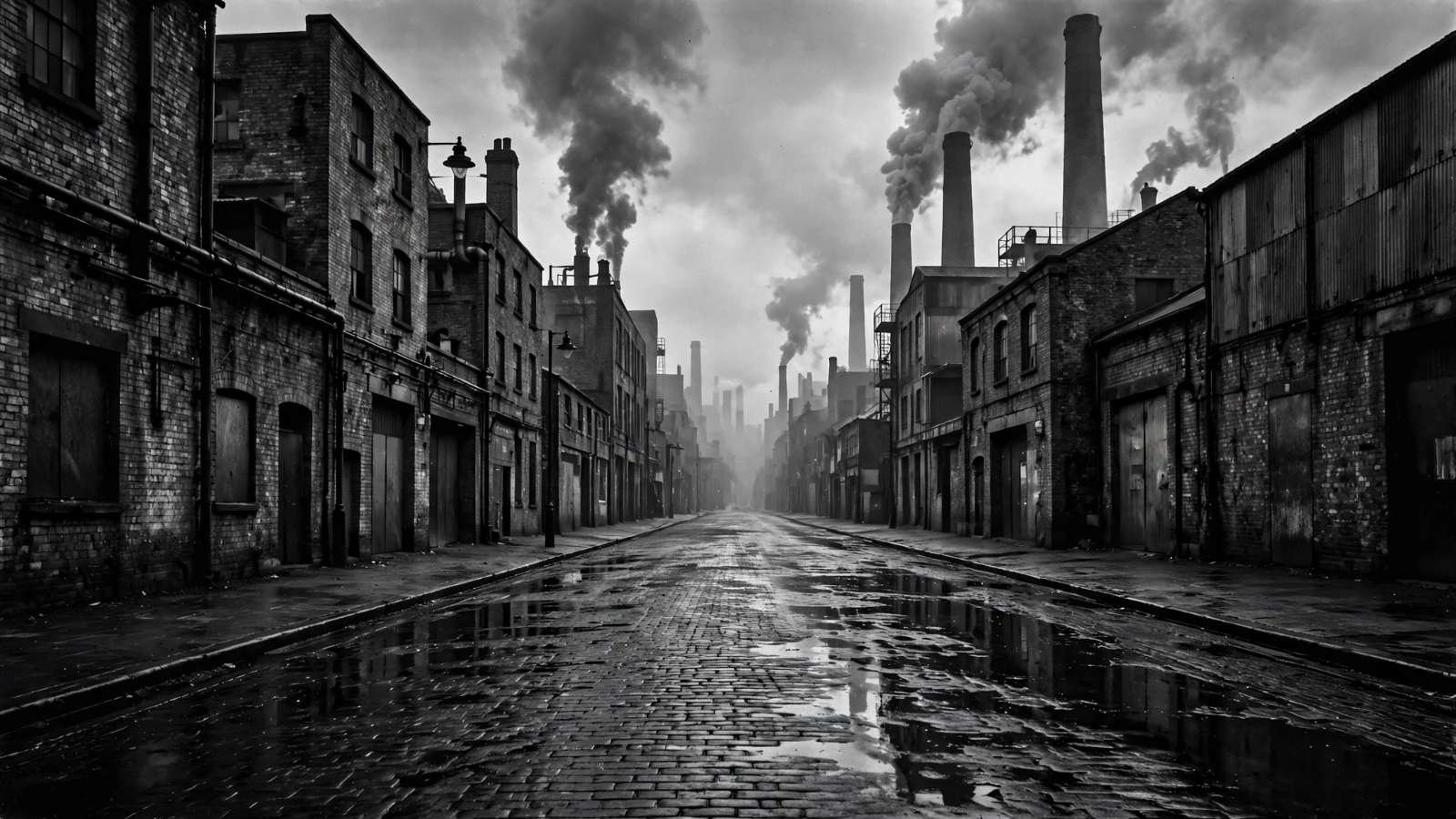 Rua de tijolos entre fábricas em uma cidade industrial inglesa do fim dos anos 1970, vazia e anônima