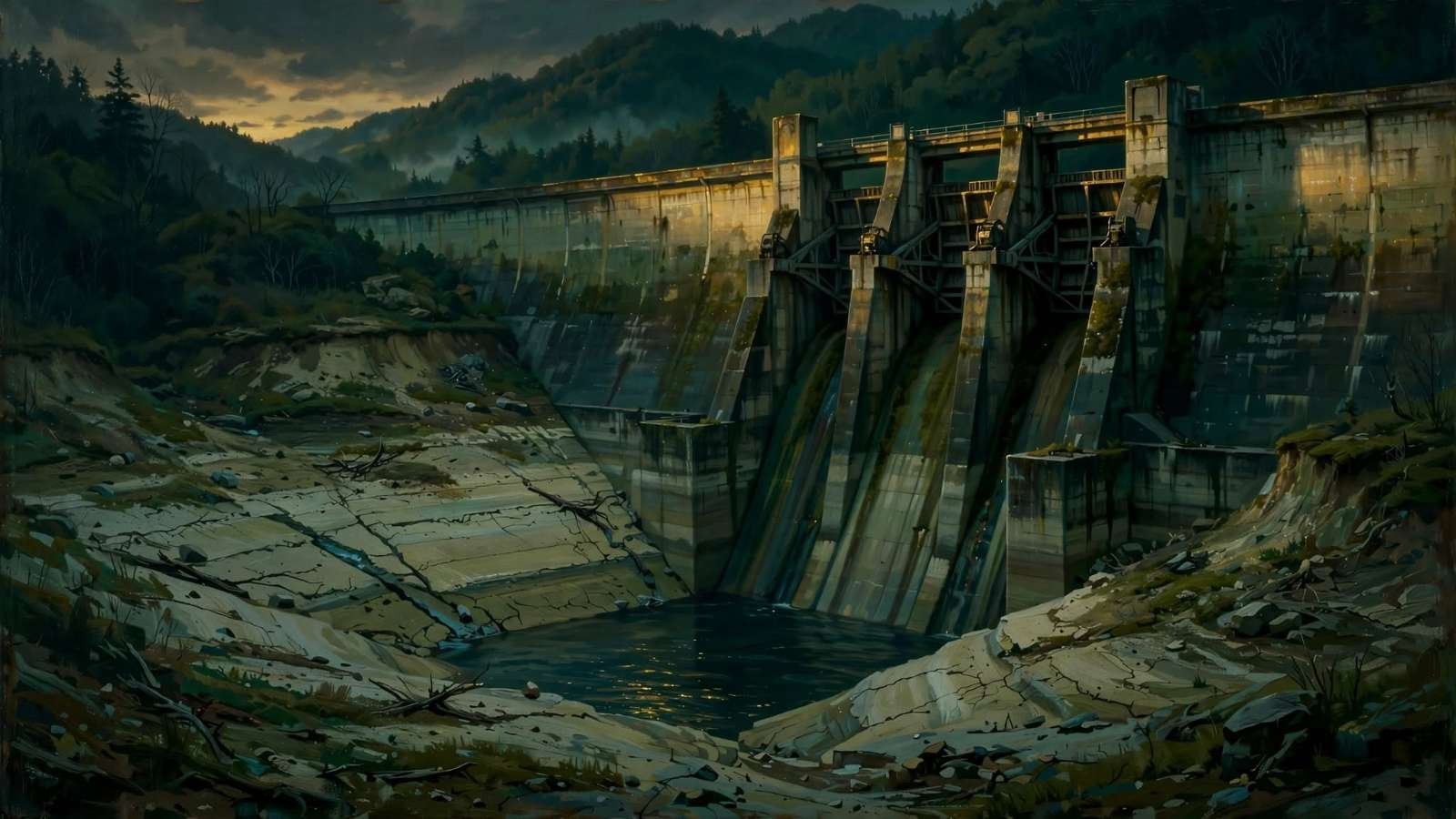 Barragem de usina hidrelétrica com o reservatório em nível baixo e margens expostas ao entardecer