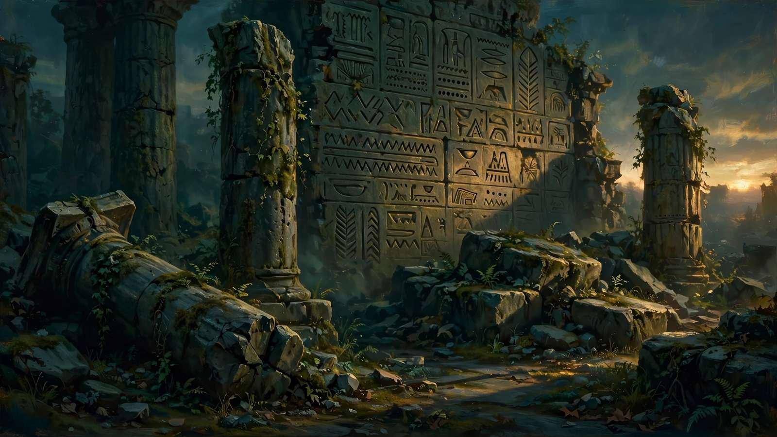 Colunas de uma ruína antiga ao entardecer, com relevos de pedra ao fundo