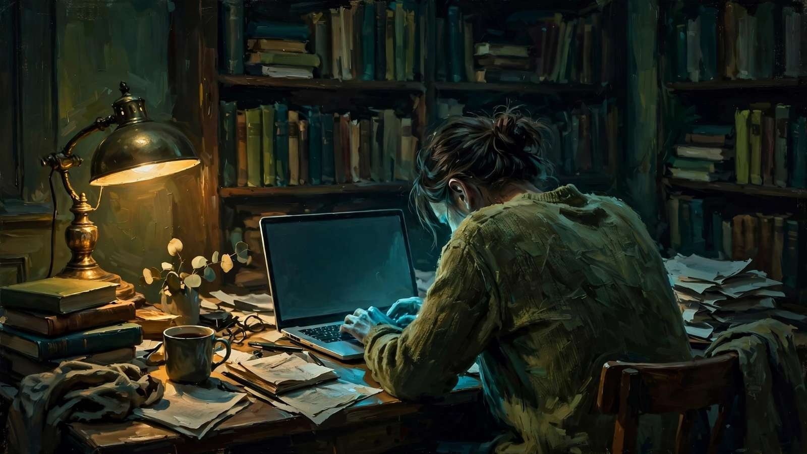 Pessoa anônima vista de costas diante de um notebook em um escritório doméstico ao fim do dia